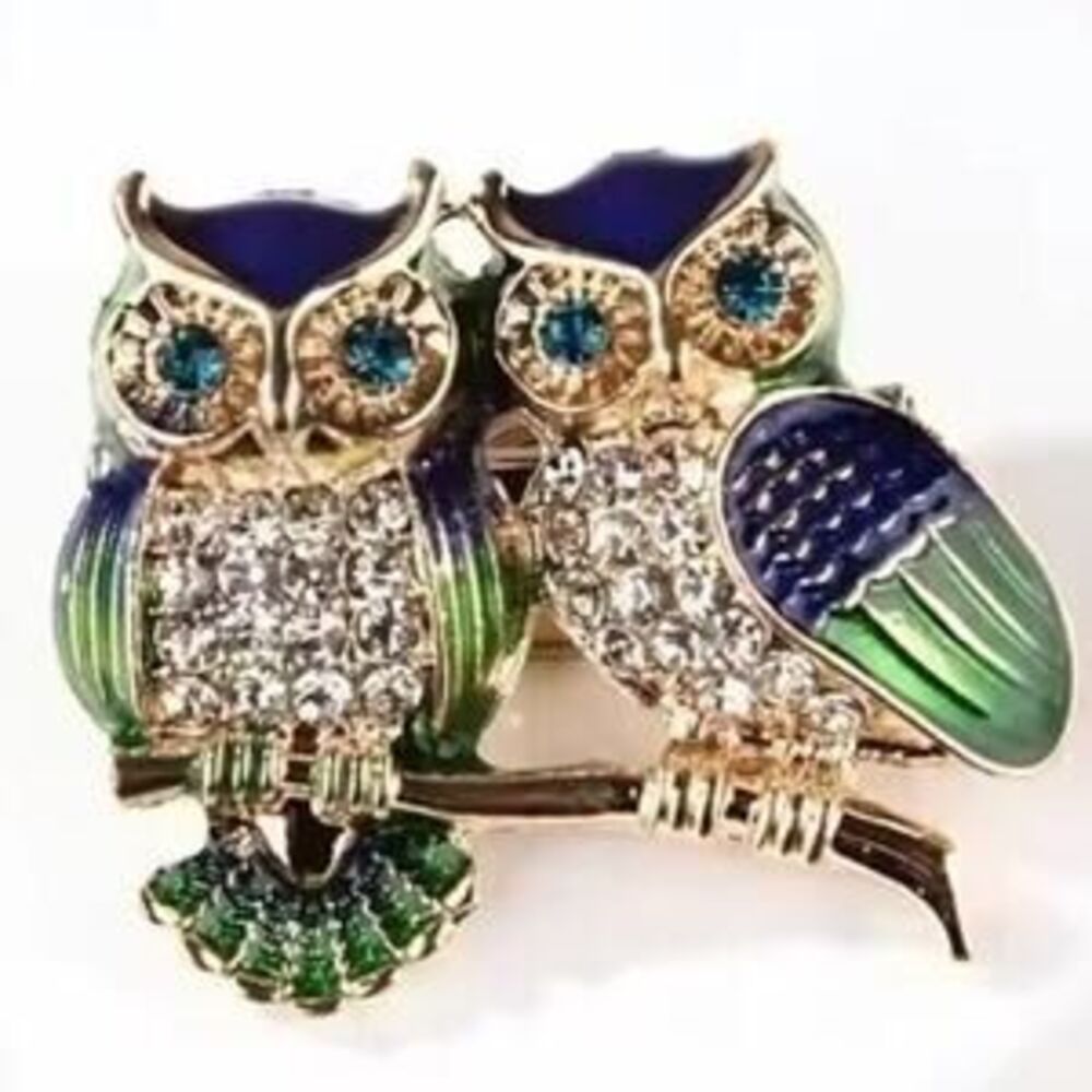 Gold Owl Brooch CZ Diamond Blue Green Women's Vtg Boho Valentine Birthday Gift